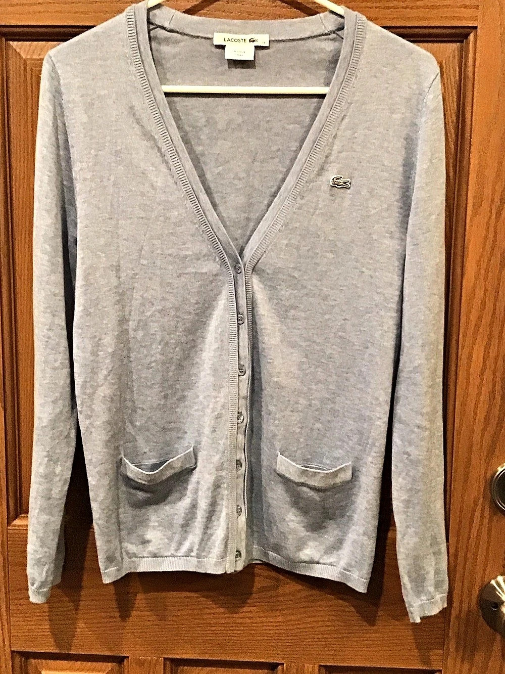 Vintage Lacoste V-Neck Button Cardigan in Bluish Gray. Size 34. Small